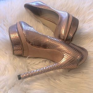 Brian Atwood rose gold snakeskin pumps, size 6
